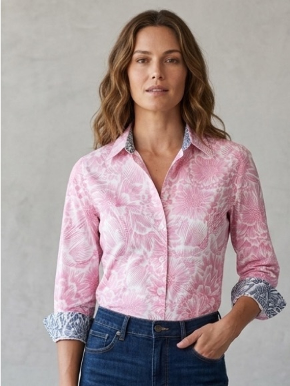 Foxcroft Pink Floral Button-Down Shirt, Wrinkle Free, Size 4P 4 Petite